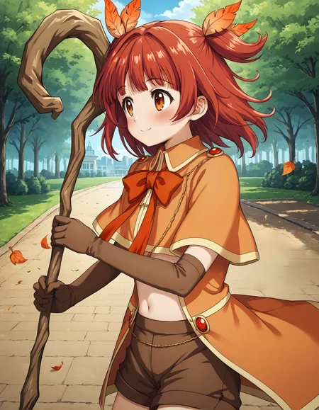 score_9, score_8_up, source_anime, 1girl, upper body, medium shot, detailed, mgrckaedeakino, kaedmgc, red hair, two side up, leaf hairpins, orange eyes, orange capelet, open orange coat, red bowtie, brown elbow gloves, brown shorts, holding staff, blush, light smile, outdoors, park, tree, (side view:0.6), wind, <lora:mgrckaedeakino_XL:0.9>