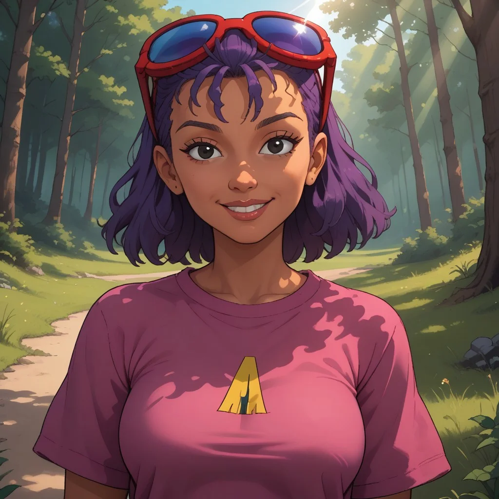 score_9, score_8, BREAK, solo, Reggie_Rocket_(Rocket_Power), 1girl, purple hair, red sunglasses, sunglasses on head, black eyes, lips, magenta shirt, rocket print, green camo pants, red sneakers, dark skin, dark skin female, self portrait, smile, looking at viewer, outdoors, sunlight, shadows, evening lighting, natural lighting, forest, trees, grass, orange sky, sunset
