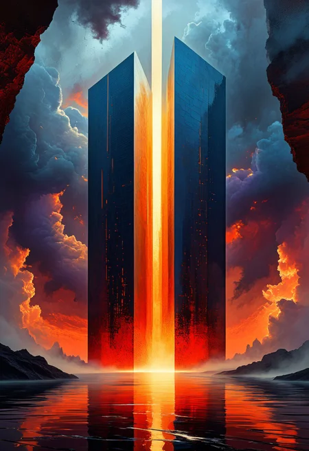Abstract illustration, surreal fractured landscape, twilight sky with deep indigo to fiery orange gradient, towering geometric shapes resembling shattered glass and steel beams, inner light glowing within structures, dark polished surface reflecting light, ethereal swirling fog in muted purples and blues, vibrant golds and reds in the distance, bursts of light and shadow creating dynamic contrast, white beam of light piercing the sky symbolizing memory and hope, abstract expressionism and digital futurism hybrid, bold colors with intense reds, blacks, golds, and silver, light casting long stretched shadows, broad sweeping brushstroke textures enhanced with digital precision, mist swirling at the base of the scene, radiant sky evoking reflection and honor, powerful and dramatic atmosphere, emotional tribute to 9/11 without banality or figures.