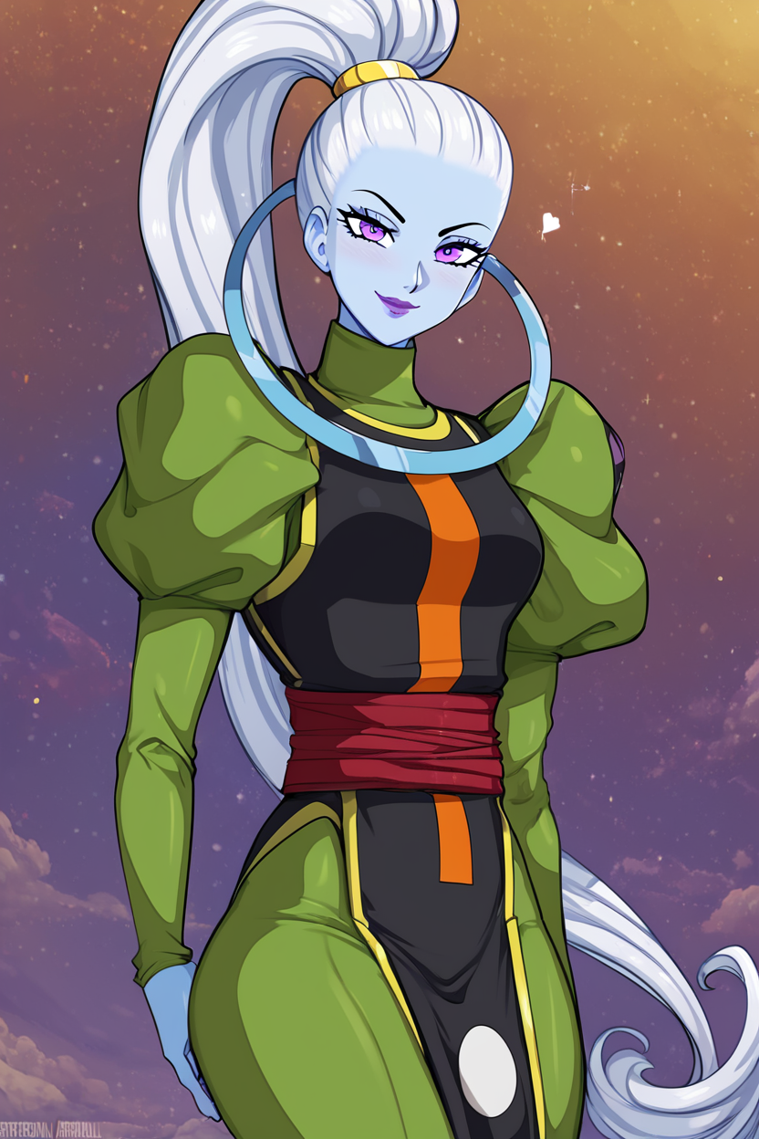 score_9, score_8_up, score_8, medium breasts, (curvy), cute, eyelashes,       BREAK, , zzVados, long hair, ponytail, white hair, blue skin, hair pulled back, high ponytail, very long hair, purple eyes,  long sleeves, puffy sleeves, sash, purple lips, dress, makeup, lipstick, <lora:Vados_DB_PDXL:0.8>,  , BREAK, <lora:Afrobull_PDXL_v4:0.8>,  ,,, BREAK, smile, looking at viewer, closed mouth, cowboy shot,  ,,, embedding:zPDXL, Expressiveh, ,,, <lora:SDXLFaeTastic2400:0.5>, <lora:Expressive_H-000001:0.4>,