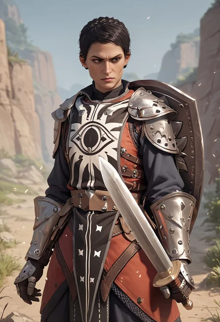 score_9, score_8_up, score_7_up, score_6_up, score_5_up, score_4_up, 1girl, Pentaghast, cowboy shot, action pose, inquisition emblem, tabard, breastplate, armor, shield, sword, looking away, BREAK, (best quality), (ultra-detailed), (masterpiece), (perfect anatomy), (masterpiece), best quality, expressive eyes, perfect face,  <lora:DAI_Cassandra:0.8>