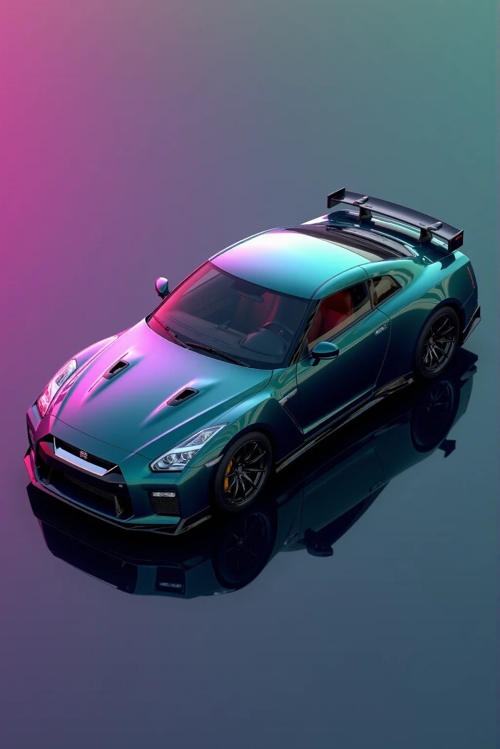<lora:Nissan_GT-R_R35:0.7> A isometric close view of a gorgeous Nissan GT-R R35 in all its shining glory. In a style of clean look. The car has very dark green paint job with dark purple undertone. Mirror-like, high gloss finish catches bright highlights. Vibrant color palette.