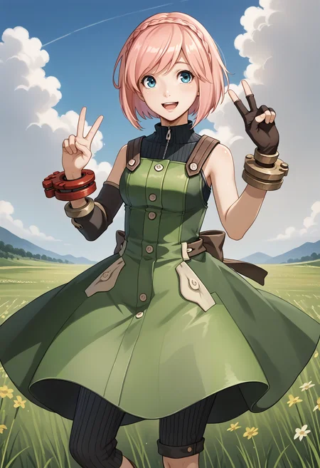 score_9, score_7_up, source_anime, 1girl, cowboy shot, looking at viewer, open mouth, smile, peace sign, <lora:KanonGE-pdxl:1> defKan, short hair, pink hair, crown braid, blue eyes, green pinafore dress, turtleneck, bare shoulders, arm warmers, black gloves, single glove, fingerless gloves, red bracelet, black pants, field, sky, cloud