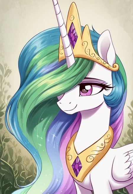masterpiece, score_9_up, score_8_up, score_7_up, score_6_up, (best quality:1.1), ultra-detailed, high resolution, 1character, Selestia, princess Equestria, alicorn, mlp, woman, feral, white skin, (hair over one eye, one eye covered), <lora:celestia:1>, long eyelashes, single horn, wings of the Alicorn ears, closed mouth, detailed facial features, expressiveh, Equestria background, highly visible, sharp focus, anatomically correct, Equestria at War, Portrait of the leader, gas plant, looking at the camera, Tired smile,