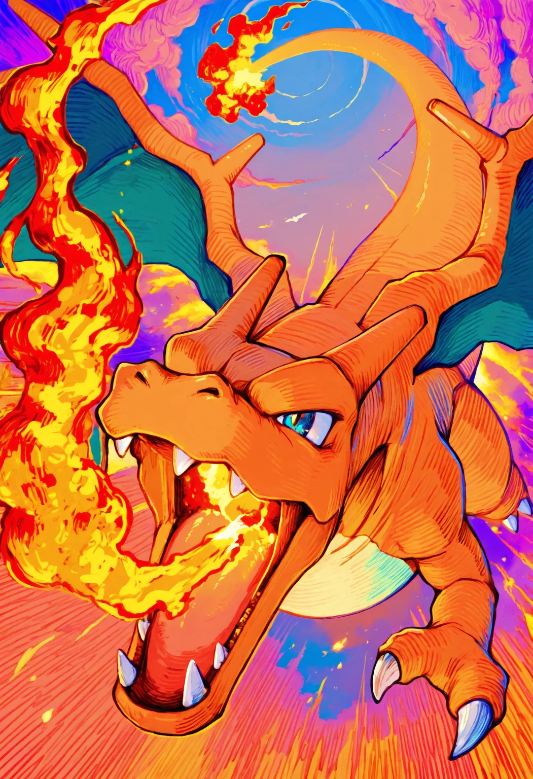 <lora:Style_OtonohaAika:1>, colorful, no humans, charizard, fire, breathing fire, hatching \(texture\), cloud, sky, midair, foreshortening, masterpiece, best quality