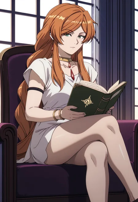 Friestyle, Flamme, reading scroll, legs crossed, solo, roman villa background,