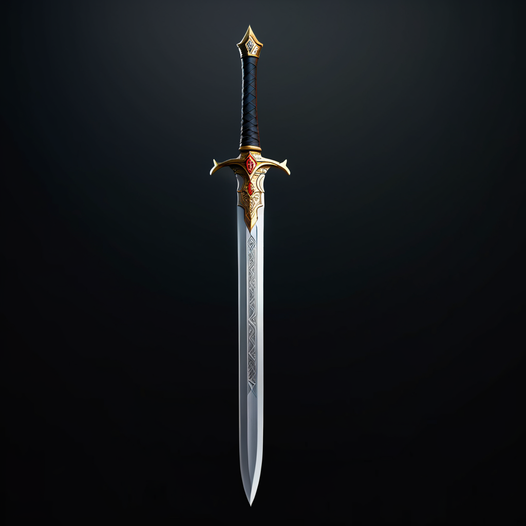 (((masterpiece))),(((best quality))),((ultra-detailed)),wam_icon,simple background, 
A radiant longsword with runic carvings on the blade,,
 <lora:WAMmjicon:0.3>