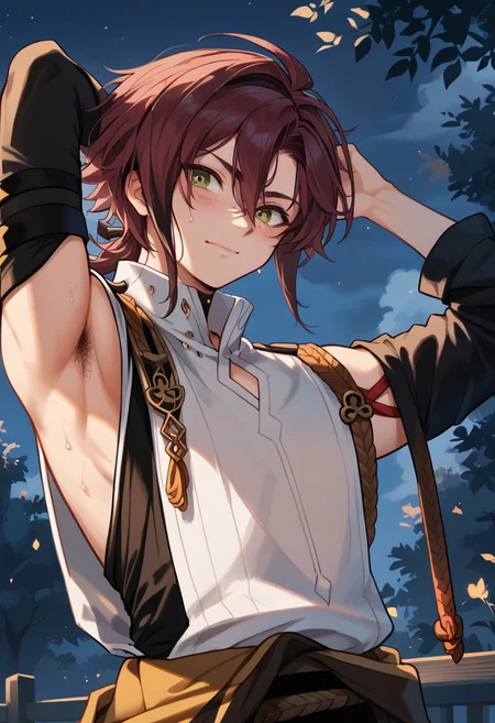 score_9, score_8_up, score_7_up, score_6_up, score_5_up, rating_safe, source_anime, vector, BREAK, 1boy, heizou, blush, nervous, arm up, armpit, looking at viewer, arm behind head, armpit hair,sweaty, night sky, outdoors,  <lora:heizouXL-fine:1>
