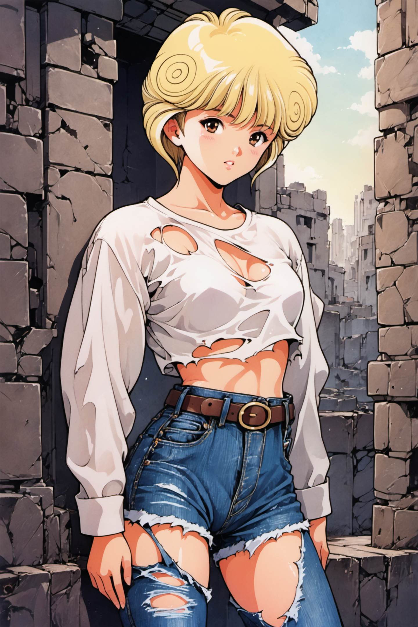 Ai Amano,1girl,solo,pants,denim,jeans,short hair,torn clothes,belt,long sleeves,retro artstyle,looking at viewer,brown eyes,cowboy shot,midriff,torn pants,wreckage,blonde hair,1990s \(style\),traditional media,city,ruins,score_9,score_8_up,<lora:Katsura Masakazu_XL_PONY:0.8>,