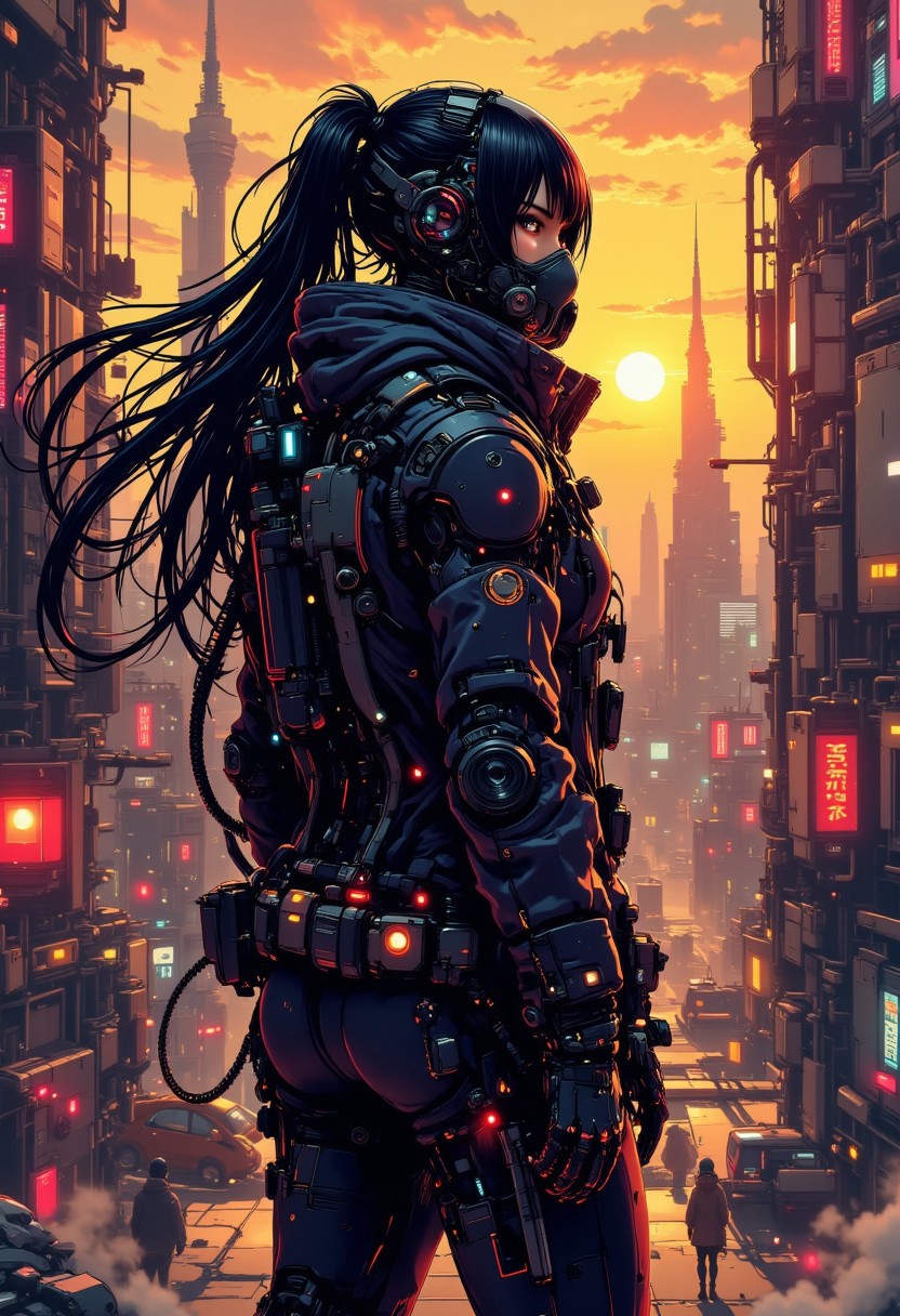 nistyle, A digital artwork in the style of cknc, futuristic, cyberpunk female warrior, communicator, respirator, leather jacket, long flowing hair, standing on street of futuristic sci-fi city, towers, domes and skyscrapers, sunset, rule of thirds, perfect lighting, sunset, HD32K, wallpaper, hyperdetailed
