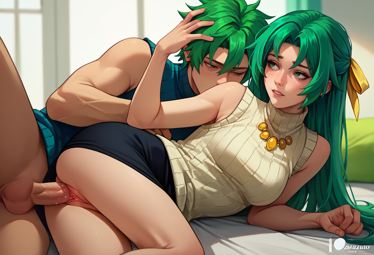 score_9, score_8_up, score_7_up,  1girl, SP, 1boy, sex, on side, penis, pussy,     <lora:SpoonPosition 3-000009:1>        <lora:Shion DORAV3:1> ShionSW, green hair, long hair, green eyes, hair ribbon, white turtleneck sweater, black skirt, yellow necklace, sleeveless,