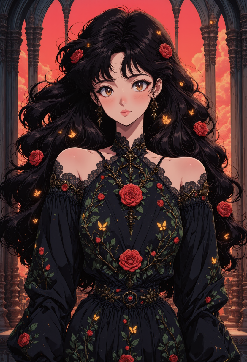 pinkretroanime, A hauntingly beautiful woman with porcelain skin, deep crimson lips, and piercing golden eyes. Her raven-black hair is adorned with blood-red roses, their petals seemingly made of velvet. She wears an intricate black lace gown with delicate embroidery in the shape of thorned vines. Behind her, an abandoned gothic cathedral with towering stained-glass windows glows under a crimson sunset.