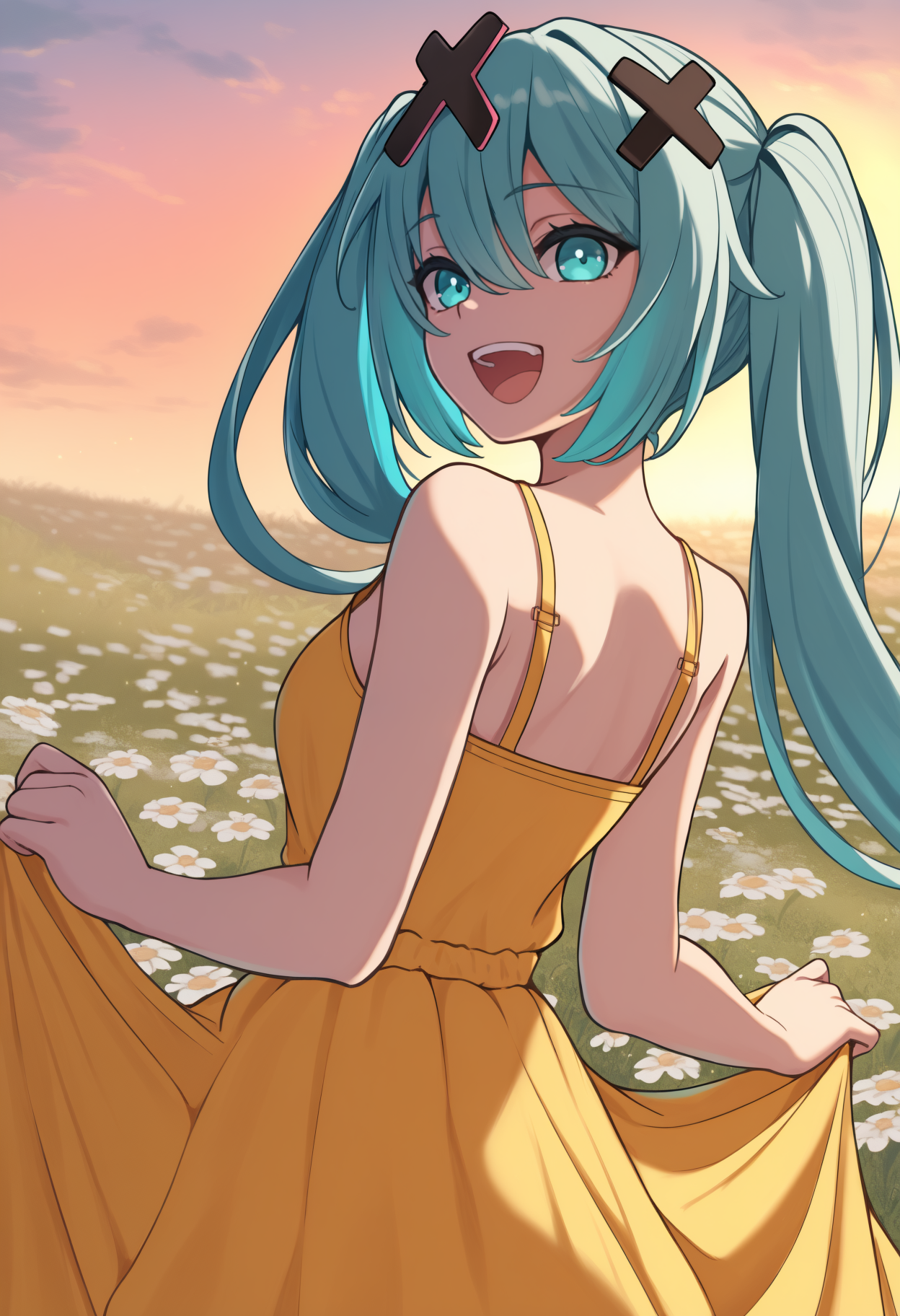 masterpiece, best quality, newest, from behind, solo, 1girl, :d, teeth, looking back, skirt hold, aqua hair, hair between eyes, twintails, x hair ornament, aqua eyes, yellow sundress, spaghetti strap, bare shoulders, outdoors, sunset, cloud, grass, flower field
<segment:yolo-Anzhc Face seg 640 v3 y11n.pt,0.4,0.6//cid=11>