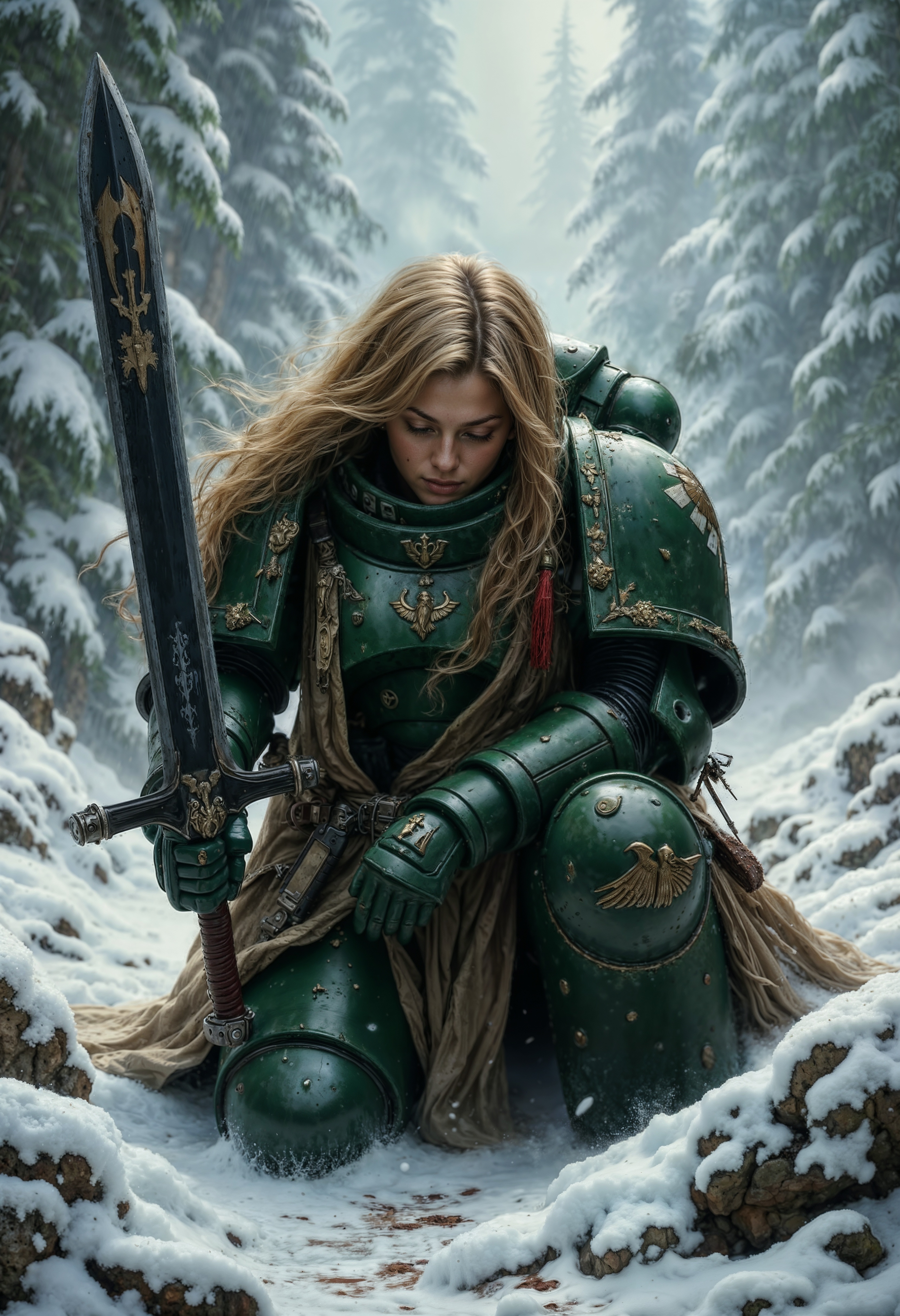 An atmospheric and powerful dark fantasy image, classical style painting of a beautiful female DarkA40k space marine dressed in intricate power armor. She crouches with her head down and her dirty blonde hair falls over her face. She holds a powerful sword of dark steel. There is blood in the snow around her from a fallen enemy. Cinematic shot in a snowy mountainous region. <lora:FluxDarkA40k:1>