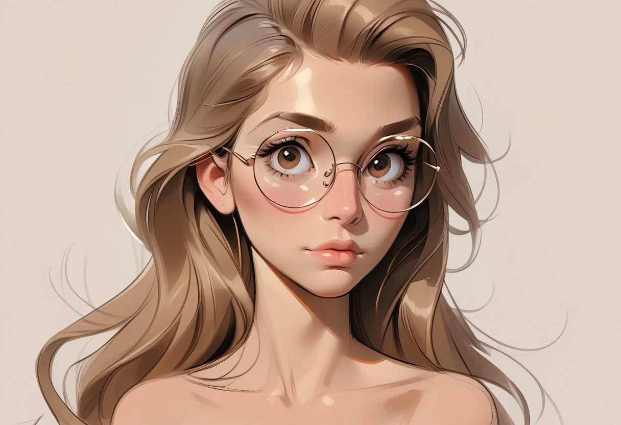 score_9, score_8_up, score_7_up, score_6_up, 1woman, , (big eyes:0.5), (cute face), gorgeous woman ,smaller neck, (mature woman), long hair, (anniehigmnf), light golden brown hair, brown eyes portrait, multiple views, flat-coloring, flat-shadows, thick-lines,, sketch-style, round glasses, small breasts, saggy boobs, puffy nipples