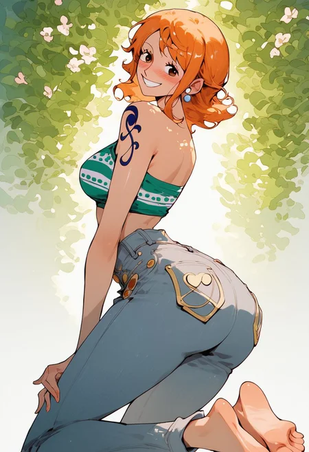,score_9, score_8_up, score_7_up, Expressiveh, (masterpiece), nami, low waist jeans shorts,(blush, joyful, smile), skinny, post timeskip nami, orange short hair, anime, one piece style, from the back, looking at camera, one feet up, one piece anatomy, huge ass, thight clothes, shiny skin, sexy, solo, beautiful face, perfect face, standing up, erotic pose, pink lightings, sunlight, oily skin, simple background, very detailled face, very detailled ass, fullbody, solo