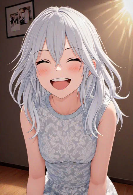 high quality, high detail, 1girl, beautiful girl, joy, happy, laugh, realistic lighting, very detailed drawing, full body,white hair