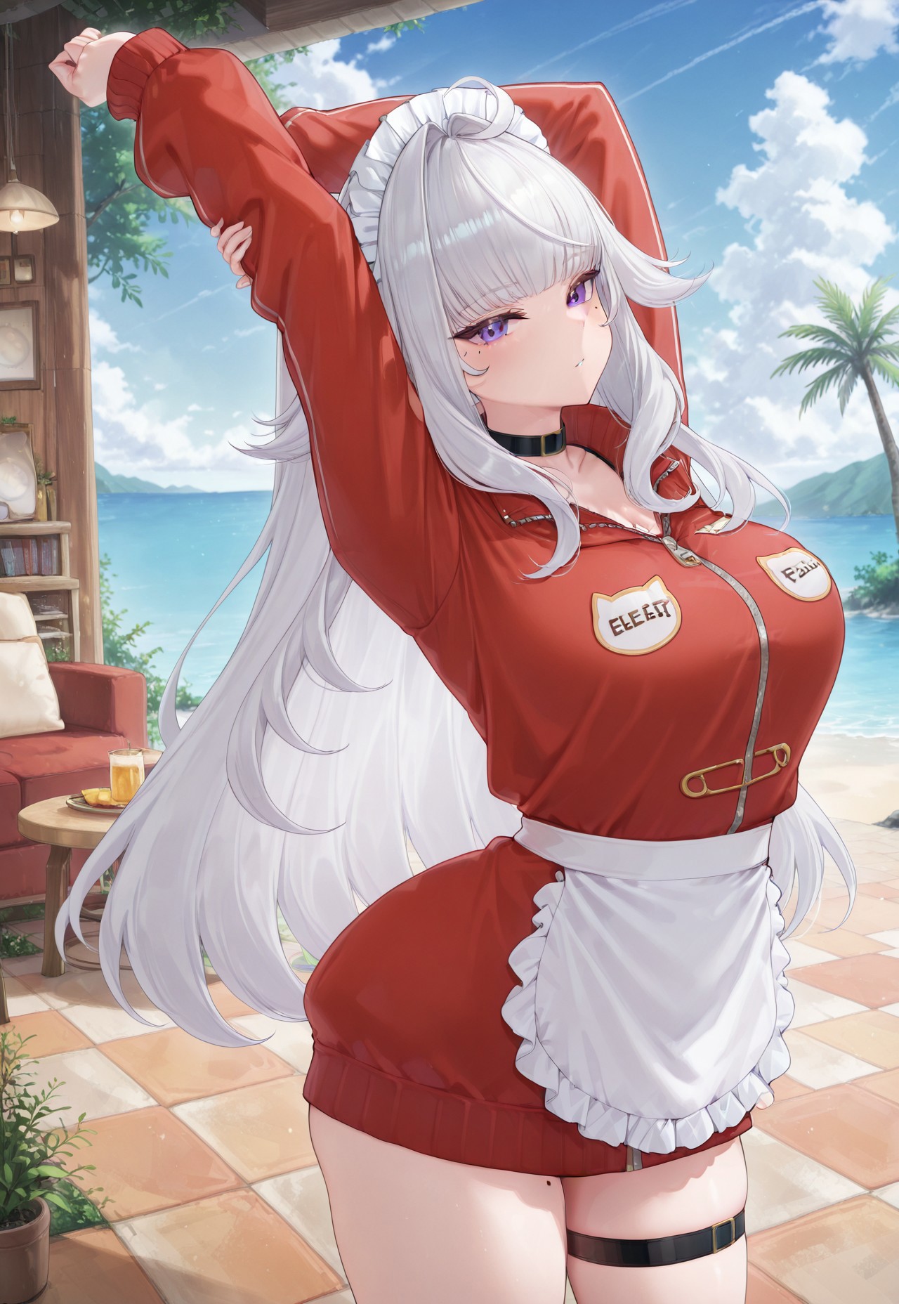 safe_pos, masterpiece, best quality, amazing quality, very detailed,  
EmberAmane, 1girl,
purple eyes,
white hair, very long hair,
mole under eye,
black choker,
maid headdress,

large breasts, 
red jacket,
maid apron, waist apron, frilled apron,

thigh strap, arms up, stretching, arched back, looking at viewer, outdoors, winter


