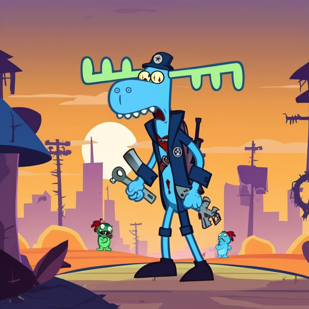 Lumpy1024, a tall  blue cartoon character is a zomby, postapocalyptic city filled with zomby <lora:Lumpy1024:0.9>