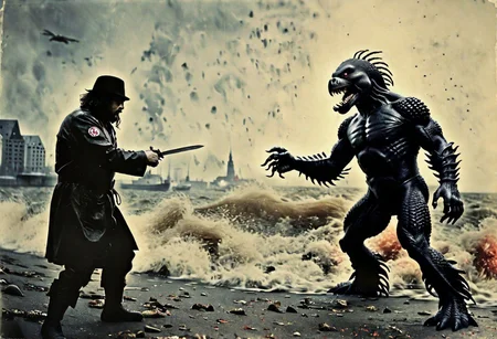 Godzilla fights with a krakn on the shore of Hamburg