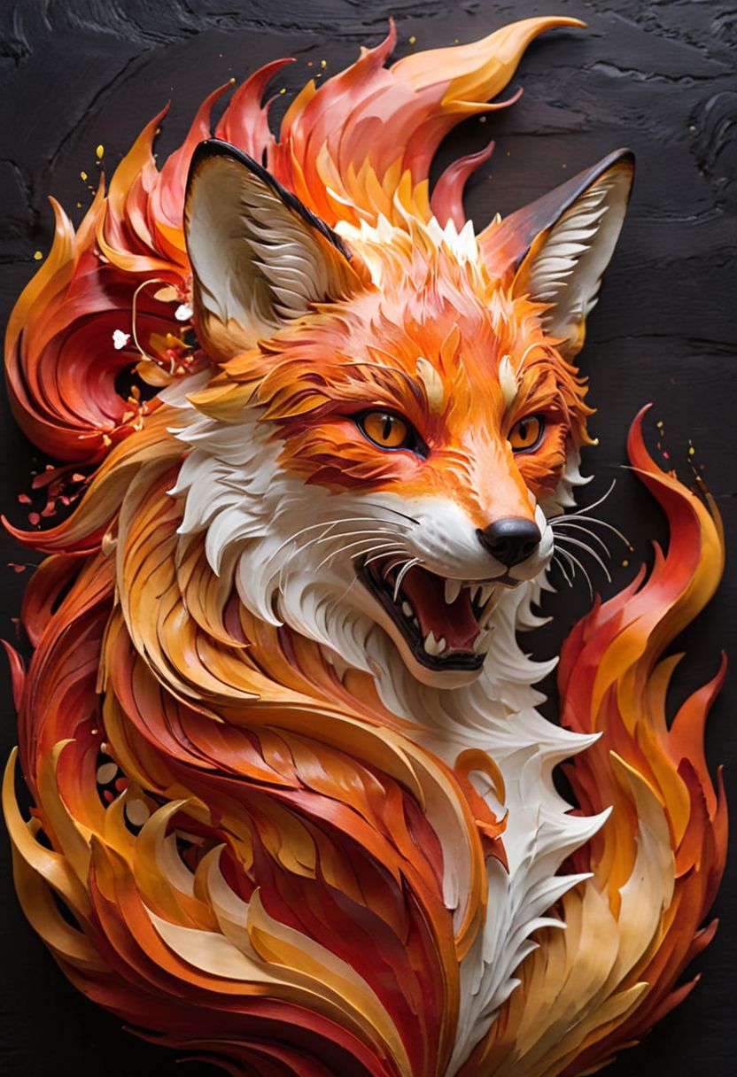 Generate an image of a magnificent fox formed of vibrant, swirling flames in hues of fiery orange and red, set against a velvety, dark backdrop. The fox exudes a sense of dynamic motion, its lithe body and mane crafted from mesmerizing, undulating lines of flame that convey a sense of power and vitality. The intricate details of the fox's facial features are meticulously captured, highlighting the intensity and intelligence in its fiery gaze. The overall composition combines strength and artistry, showcasing the essence of a fox embodied by flames, emphasizing the fluidity and energy of the blazing inferno.
