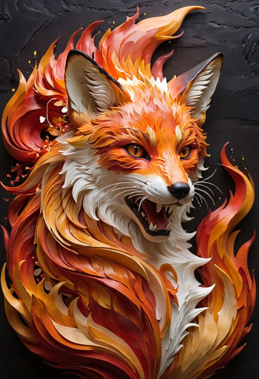 Generate an image of a magnificent fox formed of vibrant, swirling flames in hues of fiery orange and red, set against a velvety, dark backdrop. The fox exudes a sense of dynamic motion, its lithe body and mane crafted from mesmerizing, undulating lines of flame that convey a sense of power and vitality. The intricate details of the fox's facial features are meticulously captured, highlighting the intensity and intelligence in its fiery gaze. The overall composition combines strength and artistry, showcasing the essence of a fox embodied by flames, emphasizing the fluidity and energy of the blazing inferno.