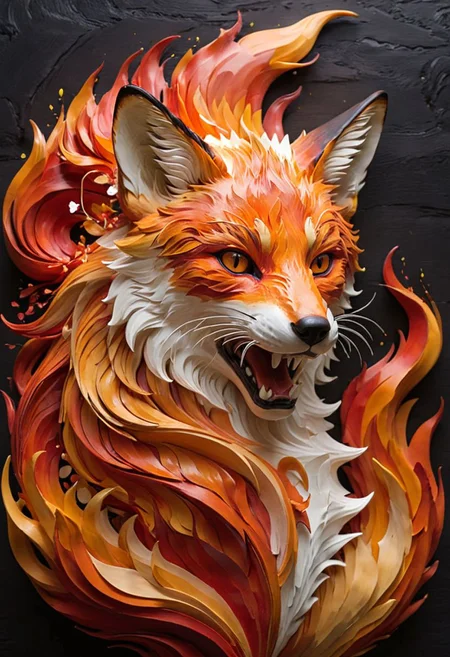 Generate an image of a magnificent fox formed of vibrant, swirling flames in hues of fiery orange and red, set against a velvety, dark backdrop. The fox exudes a sense of dynamic motion, its lithe body and mane crafted from mesmerizing, undulating lines of flame that convey a sense of power and vitality. The intricate details of the fox's facial features are meticulously captured, highlighting the intensity and intelligence in its fiery gaze. The overall composition combines strength and artistry, showcasing the essence of a fox embodied by flames, emphasizing the fluidity and energy of the blazing inferno.