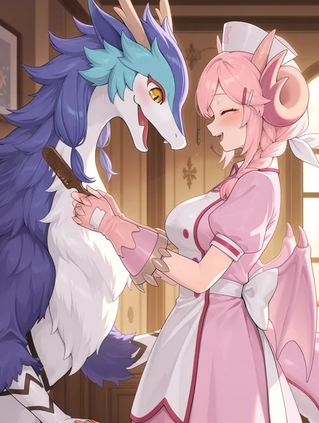 1girl, closed eyes, holding comb, comb, open mouth, smile, from side, hairclip,  blush, nurse dragonmaid, white nurse cap, red eye tattoo, pink fingerless gloves, pink nurse dress, pink wings, 1other, dragonmaid nudyarl, blue dragon,indoors,
masterpiece,best quality,amazing quality,very aesthetic,absurdres,newest,<lora:Nurse dragonmaid illuXL v1.1:0.74>,