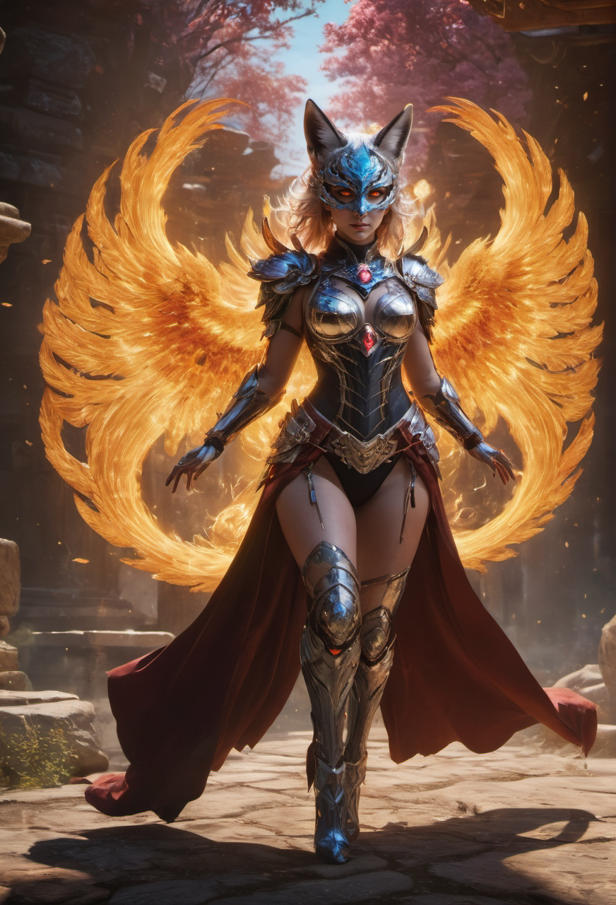 hyperdetailed photography,winxl,full body of a woman,full armor,with colorful shadow wings made of pure thunders,fox mask,robe,ambient,epic,masterpiece,8k uhd,awardwinning,trending on artstation and deviant art,official art,private press,raw photo,  <lora:winxl-step00000350:0.7>,magic particles floating in the air