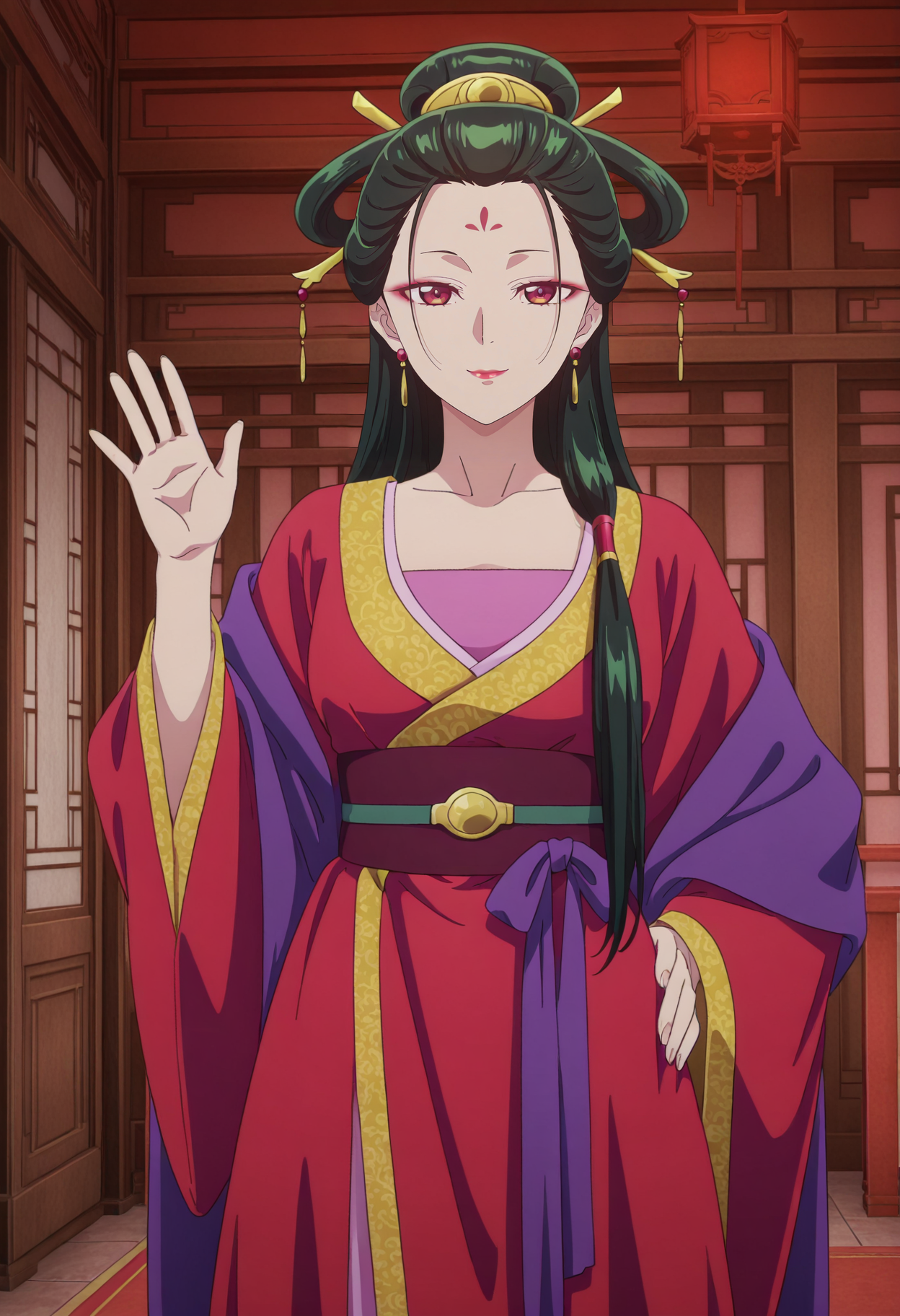1girl,solo,mm,mature female,green hair,black hair,long hair,hair ornament,makeup,earring,forehead mark,red eyes,anime coloring,
japanese clothes,chinese clothes,kimono,hanfu,waving, hand on own hip, looking at viewer, smile,indoors
,masterpiece,best quality,amazing quality,<lora:Fengxian-The_Apothecary_Diaries:0.8>