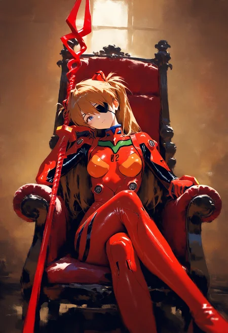 1girl, souryuu asuka langley, neon genesis evangelion, eyepatch, red plugsuit, sitting, on throne, crossed legs, head tilt, holding weapon, lance of longinus \\(evangelion\\), cowboy shot, depth of field, faux traditional media, painterly, impressionism, photo background