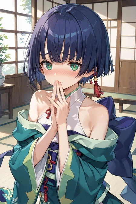 score_max, (score_9, score_8_up, score_7_up:1.2), score_6_up, official art,
masterpiece, absurdres, high detail, 8k,
indoors, upper body,
hand to own mouth, covered mouth, shy, full-face blush, flying sweatdrops,
ddphikari, short hair, japanese clothes, green kimono, bare shoulders, long sleeves, wide sleeves, sleeves past fingers, obi, tassel
<lora:XL_Pony_gomaotsu-hikari-t1:0.9>