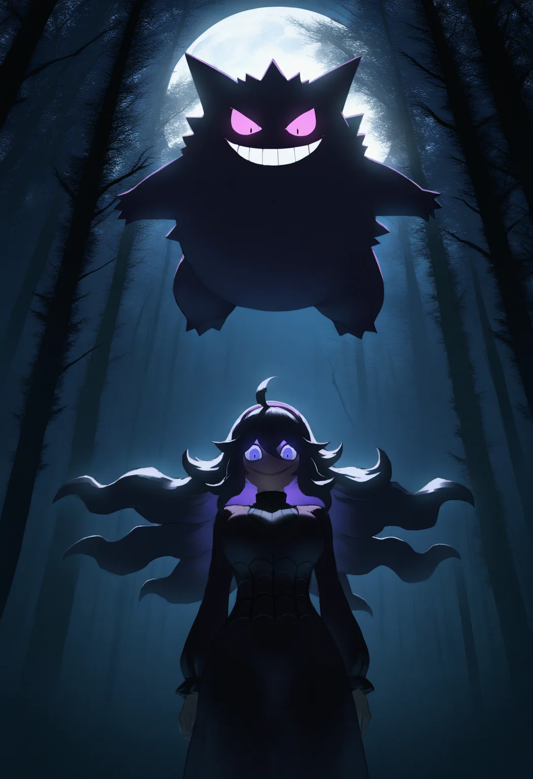 astero, scenery, pokemon \(creature\),
best quality, amazing quality, very aesthetic, absurdres,
gengar,
1girl,
hex maniac \(pokemon\),
purple hair, floating hair,
dress, large breasts,
from below, looking at viewer, looking down, glowing eyes, evil smile,
backlighting, night, dark, moon,
forest, white background,
perspective, <lora:AsteroNoob_byKonan:1>