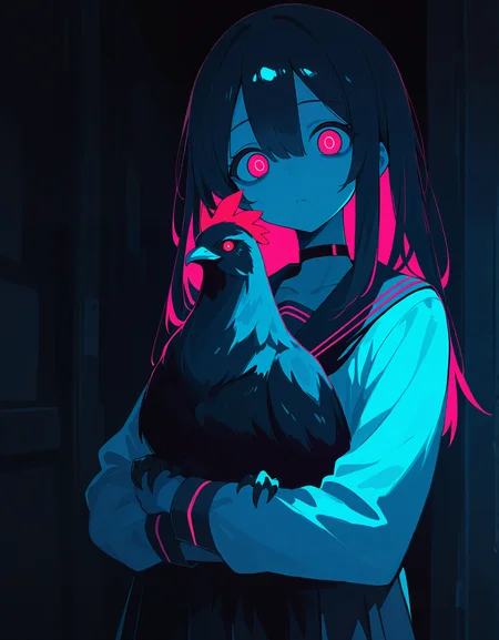 masterpiece, best quality, newest, highres, absurdres, <lora:LeIsT0_style:1>,LeIsT0_illu,1girl, long hair, red eyes, holding animal, solo, dark, school uniform, bird, looking at viewer, holding, long sleeves, serafuku, animal, glowing eyes, chicken, glowing, bangs, closed mouth, hair between eyes, choker,dark_theme,pink highlights,blue_theme,black background, foreshortening, depth of field, blurry edges, ,