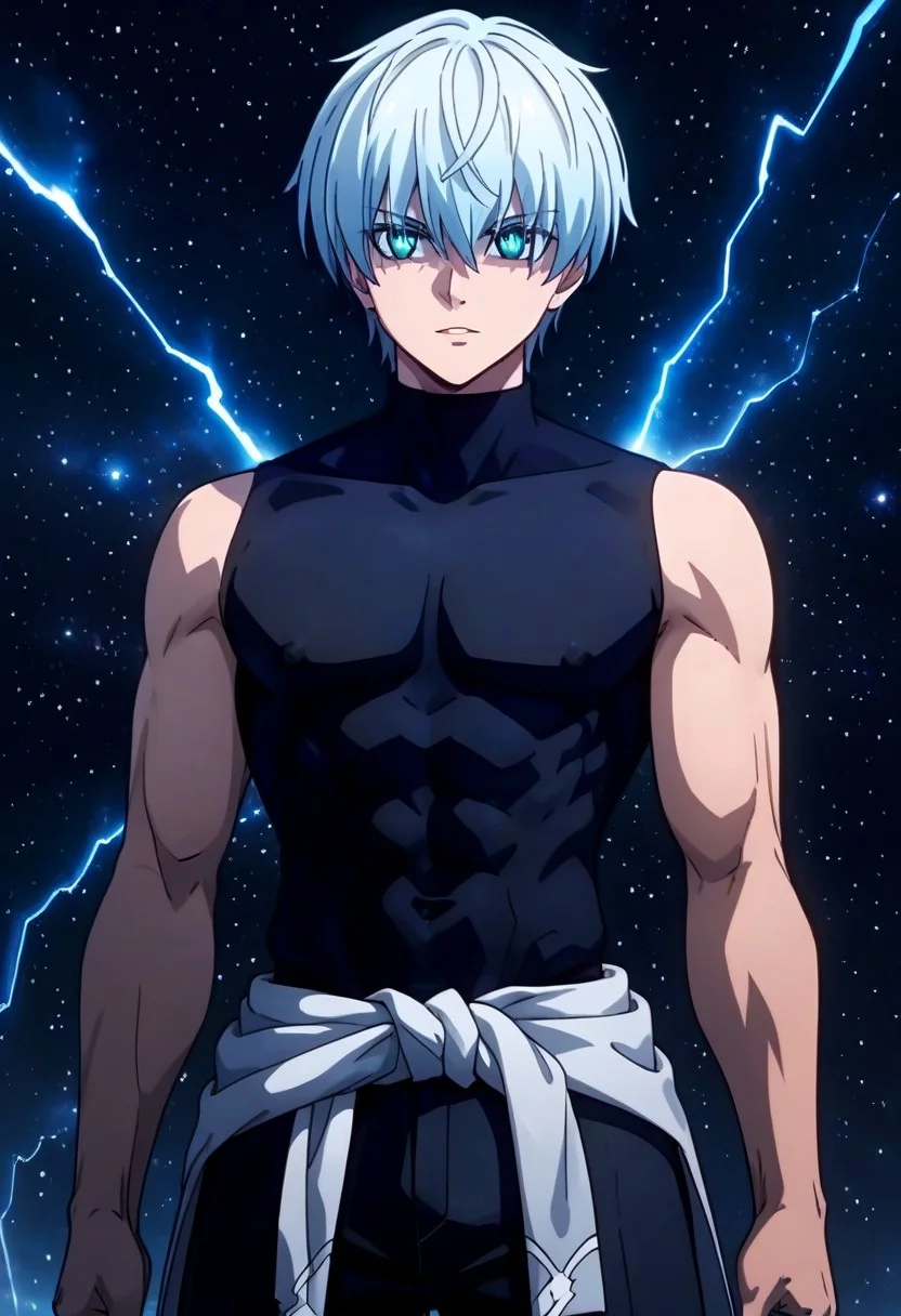 ((masterpiece)), ((best quality)), ((ultra-detailed)), ((absurdres)), score_9_up, score_8_up, score_7_up,
HD, top quality, best quality, amazing quality, High-quality illustrations, anime screencap, source_anime, best aesthetic, perfect proportions, perfect eyes, 1boy, 1male, solo boy, solo male, male focus, solo male focus, Anime, boy, male anime character, anime boy, handsome, sexy, cute, charming, ((looking at front, looking at viewer)), ((front shot, front view, view from front)), ((tall body, tall height)), ((toned muscular arms)) ((cowboy shot, head to hips shot)), Ragna, silver hair, long bangs, ((cyan eyes)), black shirt, turtleneck, sleeveless, tied long jacket around waist, black pants, ((body surrounded by lighting energy power aura light, lightning power aura, powering up)), ((black sky, black background)), updn, easynegative, Expressiveh, masterpiece, best quality, very aesthetic, absurdres