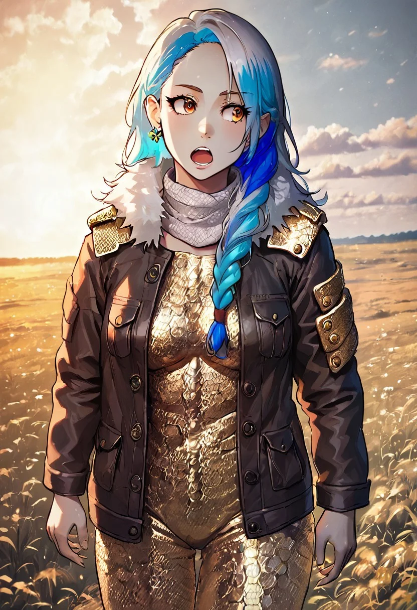 score_9, score_8_up, score_7_up,
outdoors background, detailed face, detailed clothing, gold blue theme, source_anime, open field, grassland,
BREAK
1girl, solo, detail1eye, pale skin, open mouth, melancholic expression, full body, looking sideways, white hair, blue hair, multicolored hair, long hair, braided hair, golden eyes, unusual pupil, dynamic pose, steppe cultural motif, chainmail armor, golden chainmail, fur trim, fur cloak, medium breasts, bandaged chest, single earrings, (jacket on shoulders), nomadic motif, wolf skin scarf, cowboy shot angle,