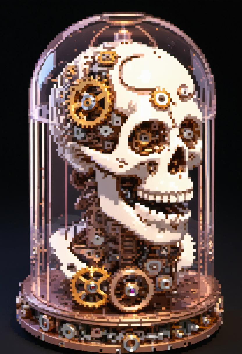 pixel art, digital art, Steampunk-inspired 3D render of a skull-shaped clockwork mechanism. Gears and cogs visible through translucent bone. The jaw opens and closes, marking hours. Eyes roll to show minutes. Steam puffs from ear holes. Brass, copper, and rose gold materials. Intricate engravings cover the surface. style Victorian sci-fi. Lighting: warm, golden hour. three-quarter view with focus on mechanical details. theme time, mortality. fascinating, slightly melancholic.