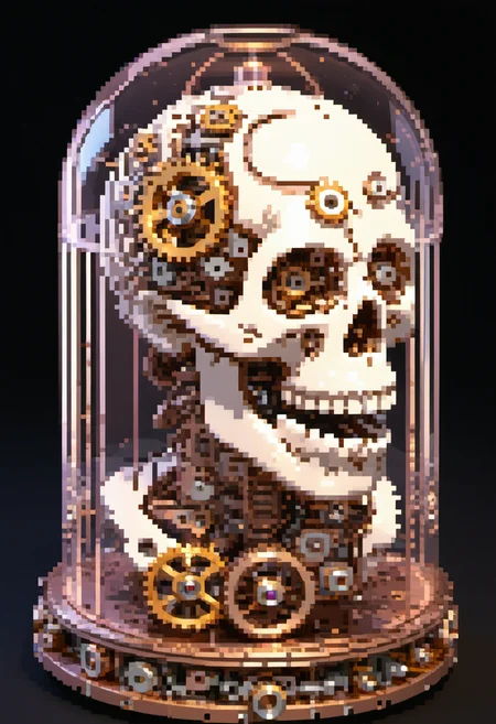 pixel art, digital art, Steampunk-inspired 3D render of a skull-shaped clockwork mechanism. Gears and cogs visible through translucent bone. The jaw opens and closes, marking hours. Eyes roll to show minutes. Steam puffs from ear holes. Brass, copper, and rose gold materials. Intricate engravings cover the surface. style Victorian sci-fi. Lighting: warm, golden hour. three-quarter view with focus on mechanical details. theme time, mortality. fascinating, slightly melancholic.