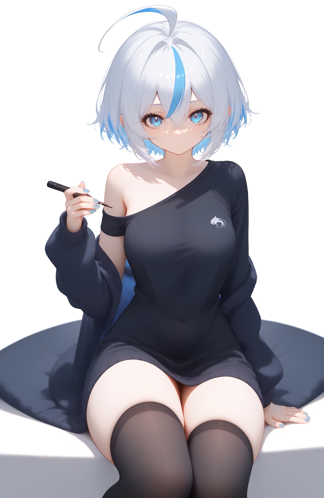 softnai3style,
<lora:softNai3Style01:1>,
1girl, solo, thighhighs, black thighhighs, shirt, blue eyes, multicolored hair, ahoge, looking at viewer, black shirt, arm up, streaked hair, nail polish, hair ornament, breasts, holding, hair between eyes, white background, short hair, bangs, off shoulder, closed mouth, blue nails, short sleeves, sitting, white hair, thighs, simple background, blue hair,,