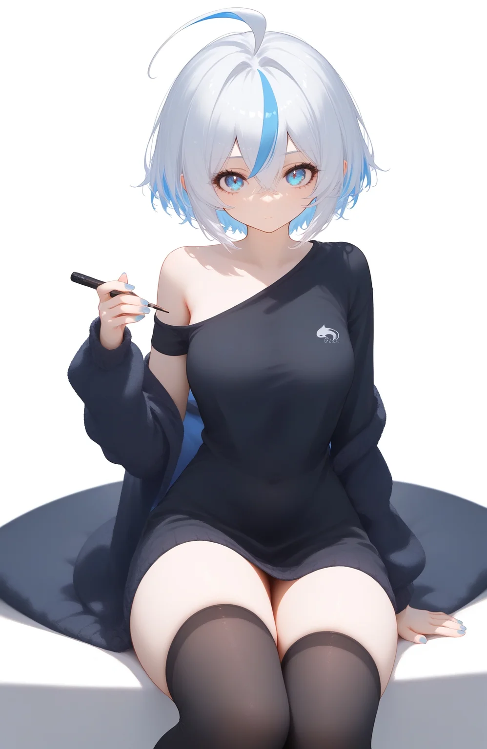 softnai3style,
<lora:softNai3Style01:1>,
1girl, solo, thighhighs, black thighhighs, shirt, blue eyes, multicolored hair, ahoge, looking at viewer, black shirt, arm up, streaked hair, nail polish, hair ornament, breasts, holding, hair between eyes, white background, short hair, bangs, off shoulder, closed mouth, blue nails, short sleeves, sitting, white hair, thighs, simple background, blue hair,,