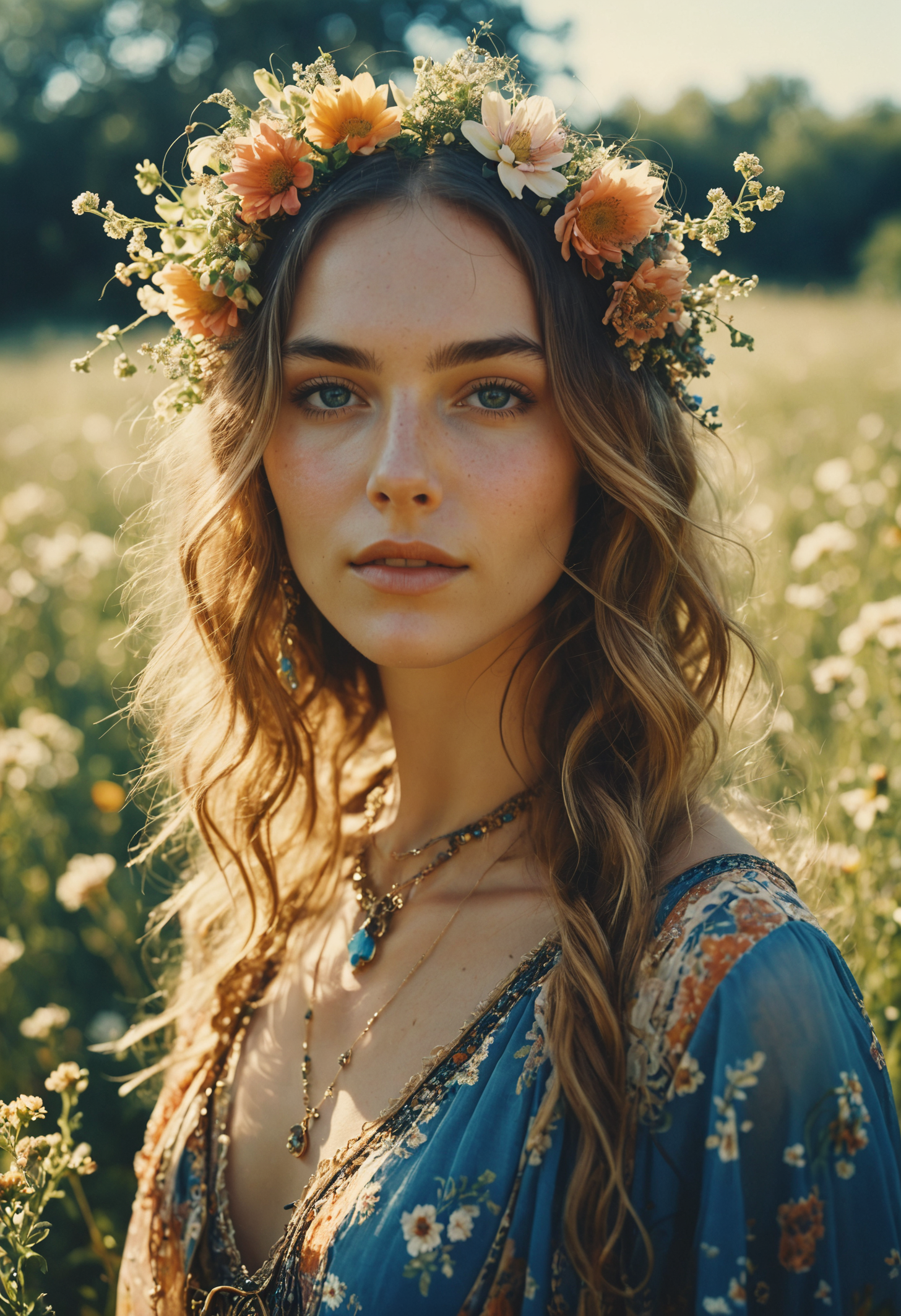 cinematic, masterful, hyper detailed, award winning photo, masterpiece,
photo of a bohemian beauty sensual woman adorned in flowing floral patterns and delicate accessories in a sunlit meadow, blue eyes, (smirk:1.2)
shot on polaroid film, film grain, shallow depth of field, faded colors, motion blur, high contrast, highly detailed and hyper realistic
<lora:MJ52:0.5><lora:add-detail-xl:1>