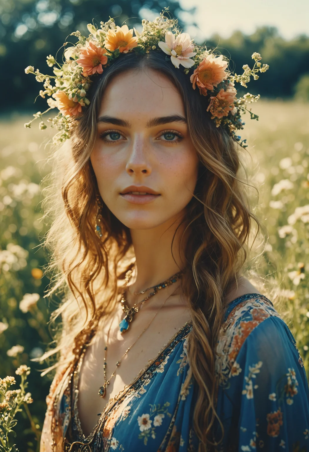 cinematic, masterful, hyper detailed, award winning photo, masterpiece,
photo of a bohemian beauty sensual woman adorned in flowing floral patterns and delicate accessories in a sunlit meadow, blue eyes, (smirk:1.2)
shot on polaroid film, film grain, shallow depth of field, faded colors, motion blur, high contrast, highly detailed and hyper realistic
<lora:MJ52:0.5><lora:add-detail-xl:1>