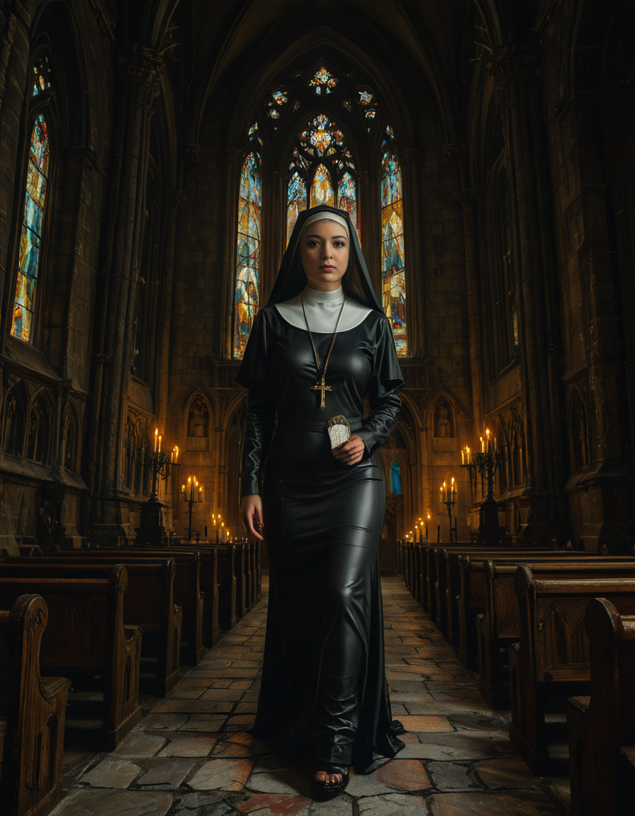 focus on a nun,A gothic scene featuring a mysterious woman dressed as a nun in a flowing black latex habit with intricate lace detailing and choker, standing solemnly inside of a G0th1c church. The atmosphere is charged with tension as an otherworldly presence seems to loom over the scene, casting eerie red and black shadows on the ancient stone. Other nuns in the background appear uneasy, their movements slow and dreamlike, as if they are being influenced by an unseen dark force. The cathedral's gothic architecture towers above with sharp spires, grotesque gargoyles, and a glowing stained-glass window radiating an unnatural crimson light.<lora:SDXLFaeTastic2400:0.4> <lora:extremely_detailed:0.4> extremely detailed, <lora:G0th1c_church:1>, Masterpiece,best quality,hi res,8k,hi res,8k,award winning,(sharp focus, intricate, highly detailed),
