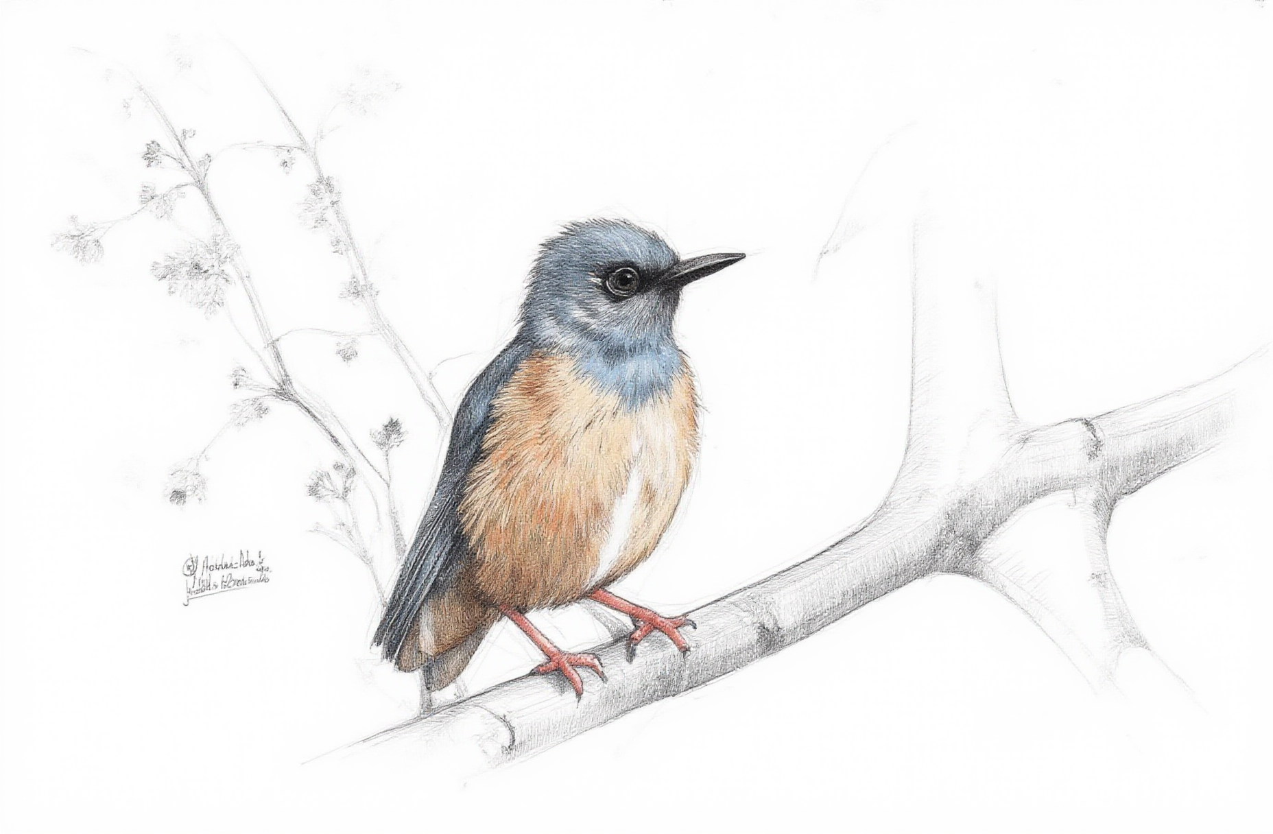 Sharp image of a rough sketch, rendered in vibrant multi colour ballpoint pen, capturing the adorable features of a black and white pencil sketch of a small bird perched on a branch. The bird appears to be a wood thrush, with a small body and a long, pointed beak. It is facing towards the right side of the image, with its head turned slightly to the left. The branch it is perched on is covered in small leaves and buds, and the background is blurred, making the bird the focal point of the sketch. The sketch is done in a realistic style, with shading and highlights to give it a lifelike appearance.  p3nsk, <lora:p3nsk:1>