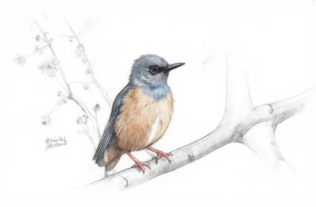 Sharp image of a rough sketch, rendered in vibrant multi colour ballpoint pen, capturing the adorable features of a black and white pencil sketch of a small bird perched on a branch. The bird appears to be a wood thrush, with a small body and a long, pointed beak. It is facing towards the right side of the image, with its head turned slightly to the left. The branch it is perched on is covered in small leaves and buds, and the background is blurred, making the bird the focal point of the sketch. The sketch is done in a realistic style, with shading and highlights to give it a lifelike appearance.  p3nsk, <lora:p3nsk:1>
