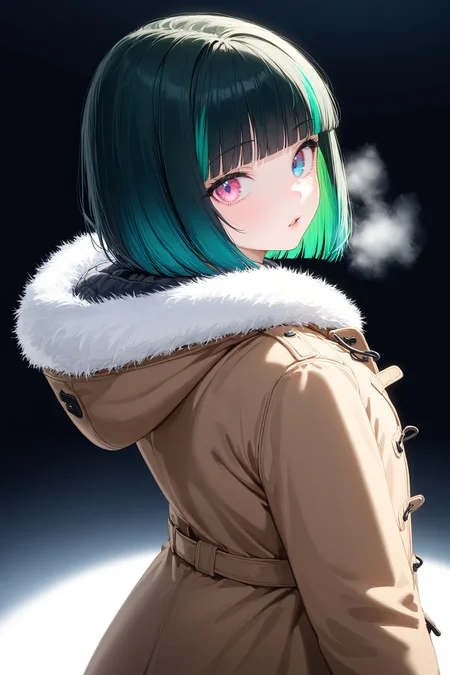 1girl, solo, indoors, black background, black hair, blue eyes, blunt bangs, bob cut, breath, brown coat, coat, duffel coat, eyelashes, fur trim, fur-trimmed hood, gradient hair, green hair, hood, looking at viewer, looking back, medium hair, multicolored eyes, multicolored hair, parted lips, pink eyes, streaked hair, upper body, winter clothes, winter coat, masterpiece, best quality