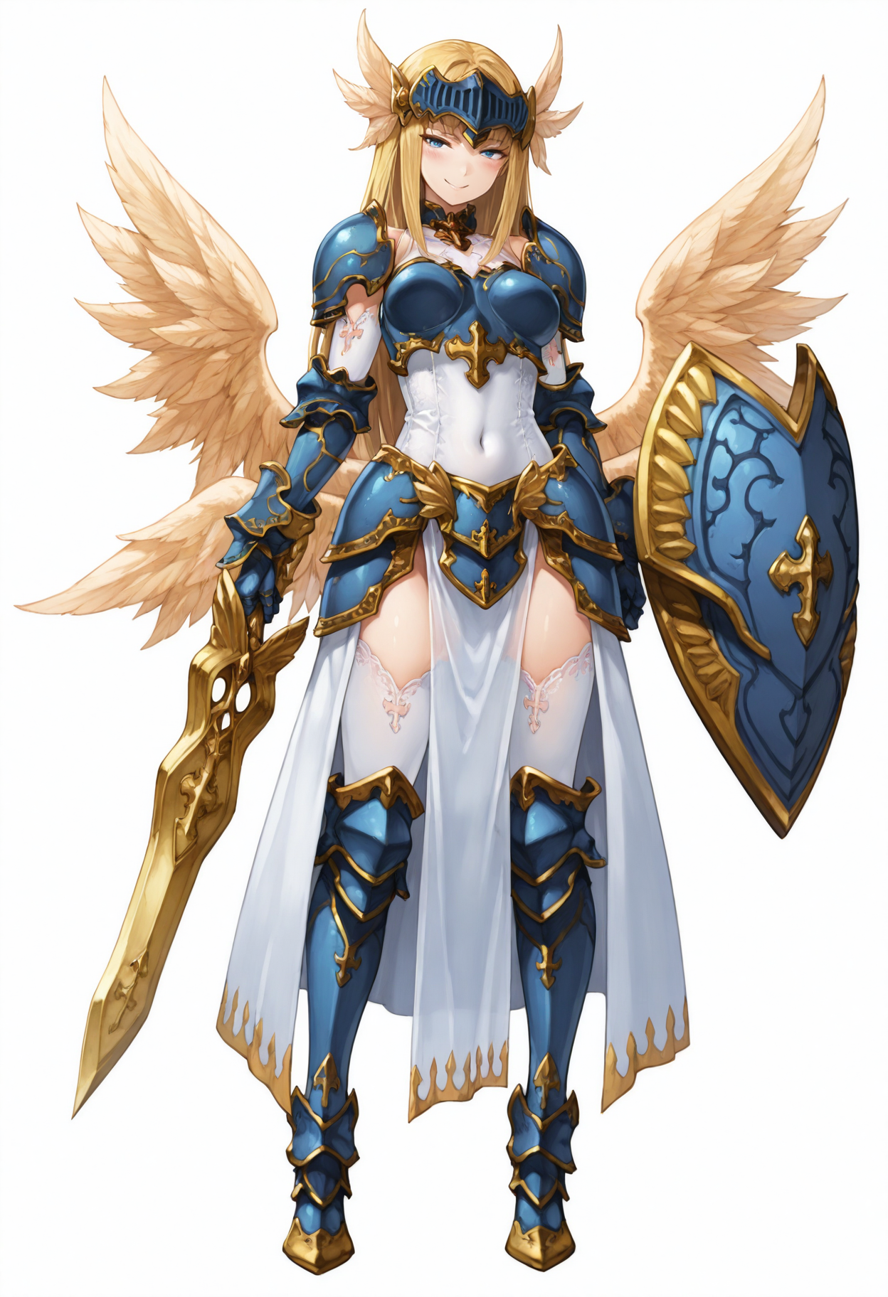 masterpiece, high quality, best quality, highres, 1girl, solo,
valkyriemge, blonde hair, revealing armor, blue eyes, white pelvic curtain, long hair, blue greaves, white thigh highs, layered clothes, blue choker, blue gauntlets, thighhighs, gold sword, blue armor, white dress, cross, lace, blue shield, gold trim, covered navel, yellow wings, valkyrie, multiple wings, holding sword, feathered wings, visor, head wings,  blue visor,
looking at viewer, evil smile, blush, 
anime, white background, simple background, full body, dynamic pose,
 <lora:valkyriesmge-000009:0.9>
