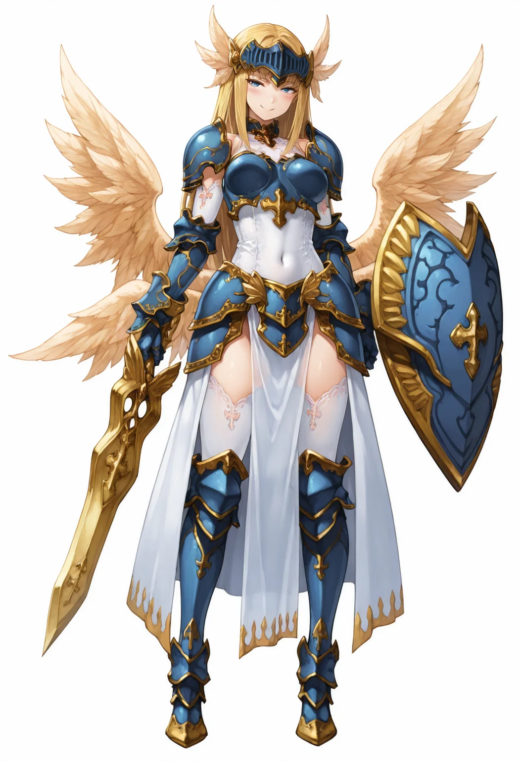 masterpiece, high quality, best quality, highres, 1girl, solo,
valkyriemge, blonde hair, revealing armor, blue eyes, white pelvic curtain, long hair, blue greaves, white thigh highs, layered clothes, blue choker, blue gauntlets, thighhighs, gold sword, blue armor, white dress, cross, lace, blue shield, gold trim, covered navel, yellow wings, valkyrie, multiple wings, holding sword, feathered wings, visor, head wings, blue visor,
looking at viewer, evil smile, blush,
anime, white background, simple background, full body, dynamic pose,
<lora:valkyriesmge-000009:0.9>