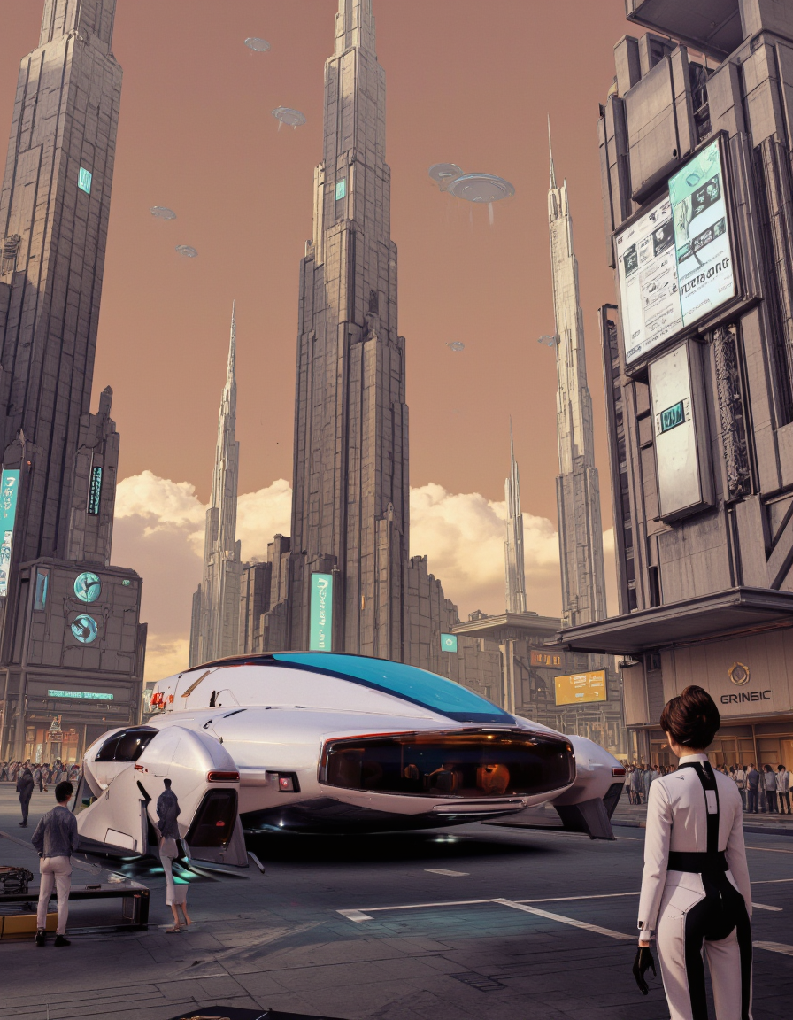 Art by Andrian Luchian. A futuristic cityscape with a futuristic flying car in the foreground. the car is white and has a sleek design with a low-slung body. It is positioned in the middle of the image, surrounded by tall, modern skyscrapers and glowing signs. The sky is a mix of orange and pink hues, with a few clouds scattered across it. the cityscape is bustling with people, some standing and some walking, and a few flying saucers can be seen in the distance. on the right side of the car, a woman with a bun hairstyle is standing, wearing a black and white outfit. she appears to be facing away from the camera, with her back to the viewer, giving a clear view of her upper body. the woman's hair is styled in a bun, and she has a serious expression on her face. the overall atmosphere of the scene is one of urban decay and futuristic design, with the car and the surrounding buildings creating a sense of depth and dimension.