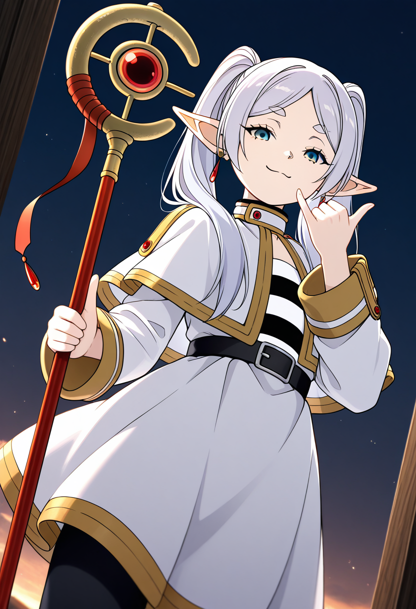 masterpiece, high quality, best quality, 1girl, solo, frieren, smug, looking at viewer, cowboy shot, shaka sign, gesture, from belown, low angle, one hand holding staff, dutch angle,